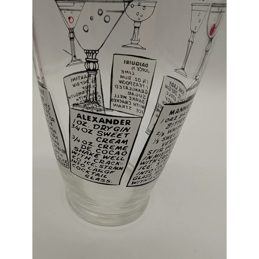 Vtg MCM XLarge 32-Oz Glass Cocktail Shaker Recipes 2 Lids Martini Daiquiri